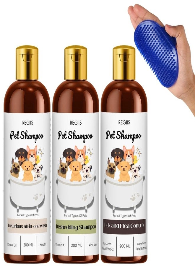 مجموعة شامبو ريجيس للحيوانات الأليفة مع فرشاة تنظيف، غسيل شامل، إزالة الشعر الزائد، مكافحة القراد والبراغيث، زجاجات سعة 200 مل، للكلاب والقطط (عبوة من 4 قطع) - Image 1